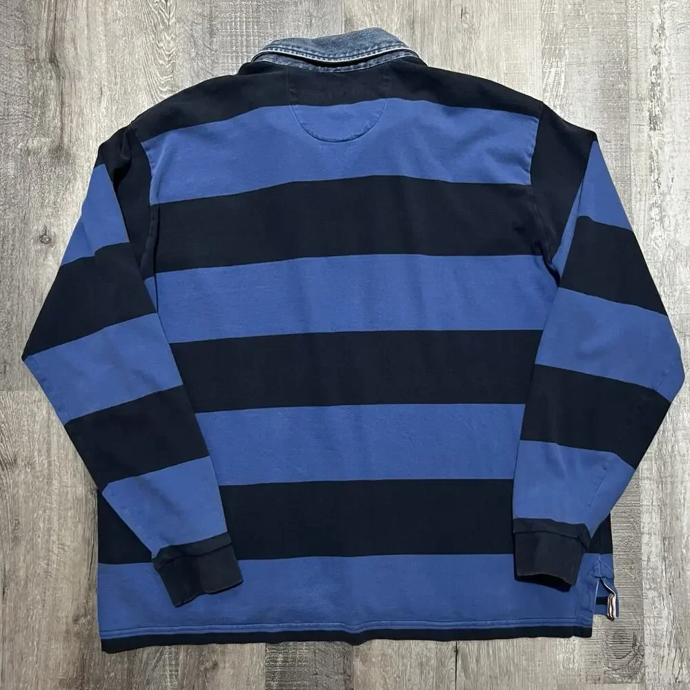 VTG Orvis Denim Collar Blue Striped Long Sleeve Polo Shirt Y2K Rugby Men's XL